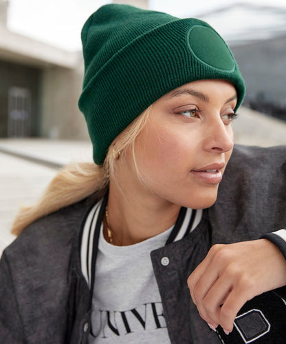 Beechfield Circular Patch Beanie (bobble hat, pom pom, circle patch)